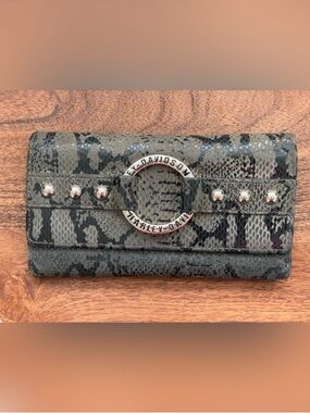 Harley-Davidson Gray Snake-Print Studded Wallet with Metal Ring